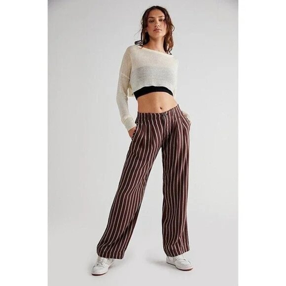 Free People Pants - NWT Free People Heat Wave Relaxed Chino Pants SIZE 12 Chocolate Blue Striped
